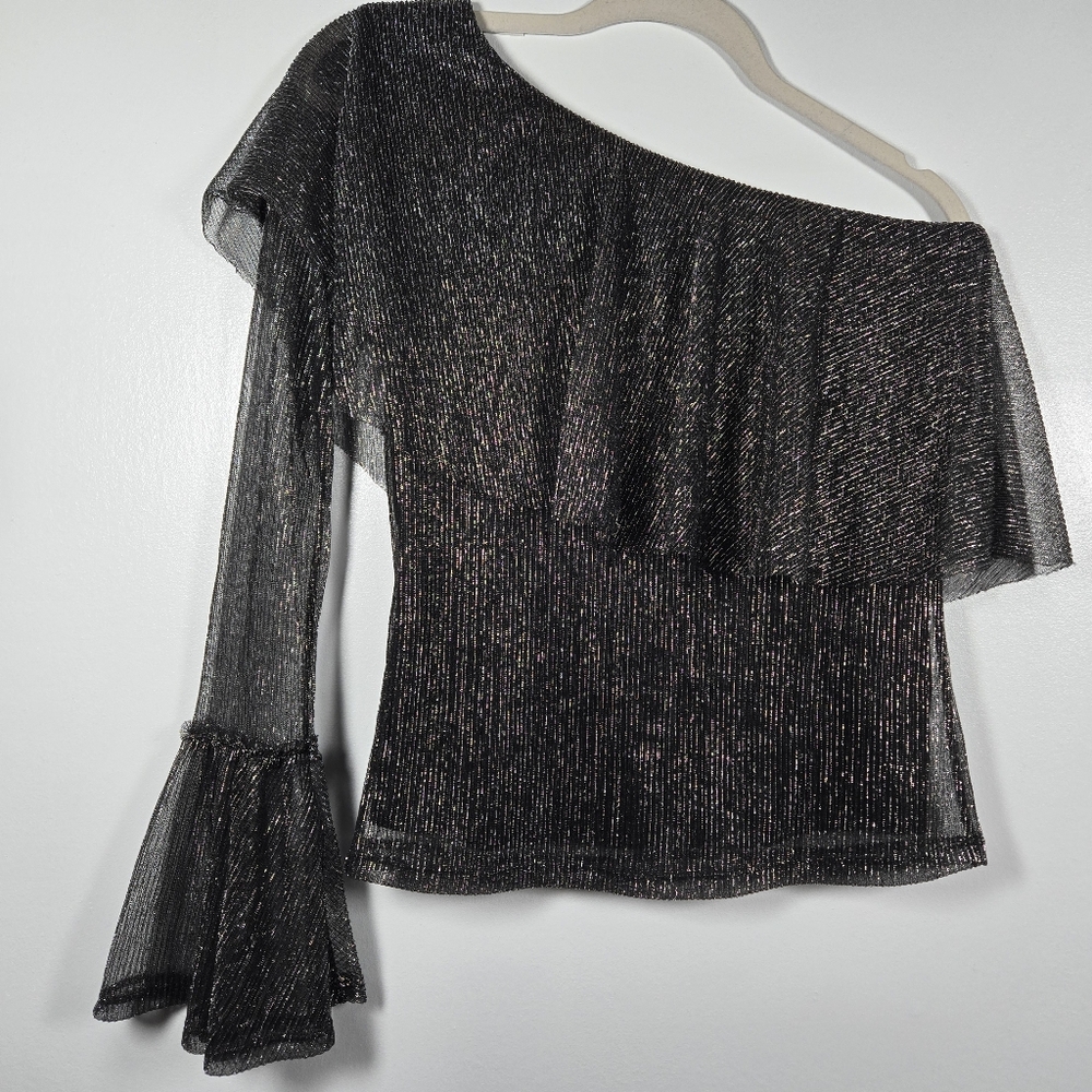 Willow & Clay Black Sliver Sparkle Ruffle Sheer Flutter One Shoulder Top Small